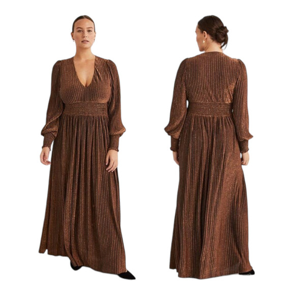 NWT Boden Metallic Brown Jersey Maxi Dress V-Neck Long Sleeve Size 6P Cinched - Picture 1 of 15